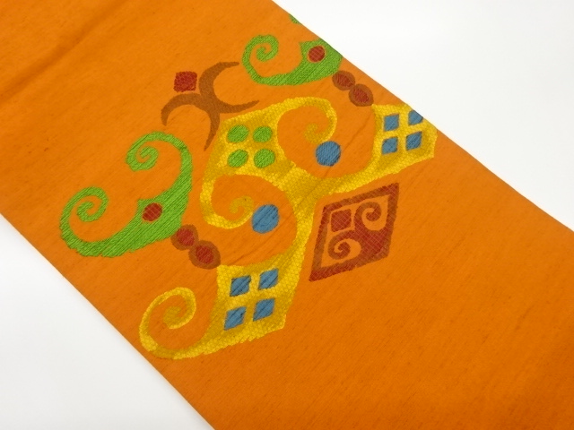 手織り紬抽象唐草模様織出し名古屋帯